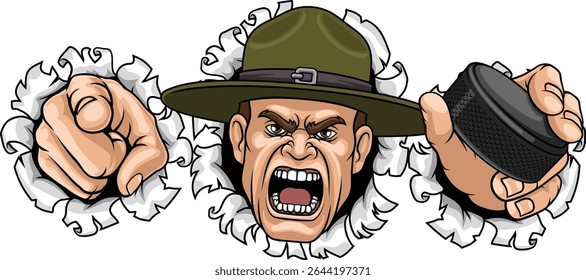 An angry drill instructor or sergeant bootcamp army soldier cartoon character holding hockey puck and pointing ice hockey sports team mascot illustration.