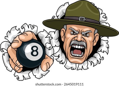 An angry drill instructor or sergeant bootcamp army soldier cartoon character holding billiards pool 8 ball sports team mascot illustration.