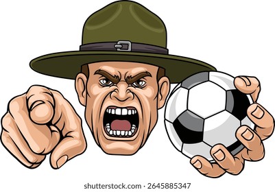 An angry drill instructor or sergeant bootcamp army soldier cartoon character holding soccer football ball and pointing sports team mascot illustration.