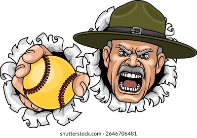 Um instrutor de broca irritado ou sargento bootcamp soldado soldado personagem de desenho animado segurando softball esportes equipe mascote ilustração.