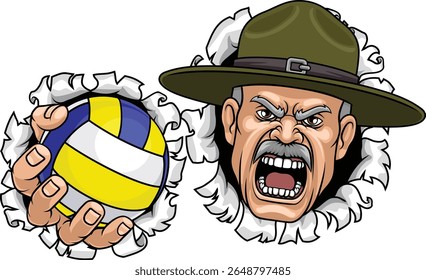 Um instrutor de broca irritado ou sargento bootcamp soldado soldado personagem de desenho animado segurando vôlei equipe de esportes mascote ilustração.