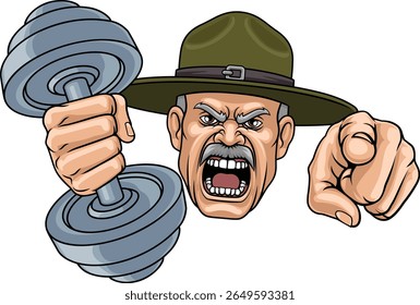 An angry drill instructor or sergeant bootcamp army soldier personal trainer cartoon character holding weight lifting dumbbell and pointing sports team gym mascot illustration.