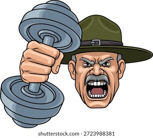 Un instructor de simulacro enojado o un sargento bootcamp soldado del ejército entrenador personal personaje de dibujos animados que sostiene la ilustración de la mascota del gimnasio del equipo deportivo con mancuernas de levantamiento de pesas.