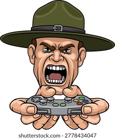 An angry drill instructor or sergeant bootcamp army soldier gamer cartoon character holding controller sports team mascot illustration.