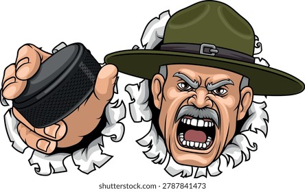 An angry drill instructor or sergeant bootcamp army soldier cartoon character holding hockey puck ice hockey sports team mascot illustration.