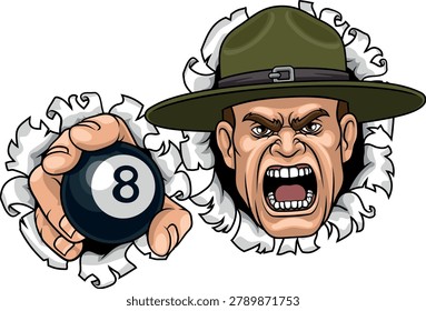 An angry drill instructor or sergeant bootcamp army soldier cartoon character holding billiards pool 8 ball sports team mascot illustration.