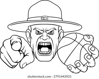 An angry drill instructor or sergeant bootcamp army soldier cartoon character holding basketball ball and pointing sports team mascot illustration.
