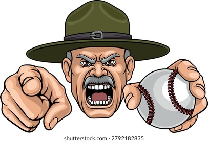 An angry drill instructor or sergeant bootcamp army soldier cartoon character holding baseball ball and pointing sports team mascot illustration.