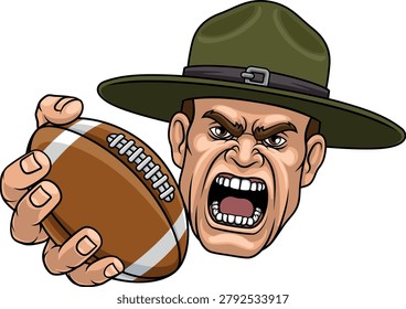 An angry drill instructor or sergeant bootcamp army soldier cartoon character holding American Football ball sports team mascot illustration.