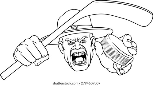 An angry drill instructor or sergeant bootcamp army soldier cartoon character holding hockey stick and puck ice hockey sports team mascot illustration.