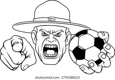 An angry drill instructor or sergeant bootcamp army soldier cartoon character holding soccer football ball and pointing sports team mascot illustration.