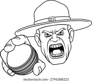 An angry drill instructor or sergeant bootcamp army soldier cartoon character holding cricket ball sports team mascot illustration.
