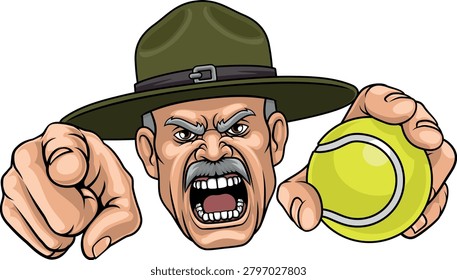 An angry drill instructor or sergeant bootcamp army soldier cartoon character holding tennis ball and pointing sports team mascot illustration.