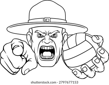 An angry drill instructor or sergeant bootcamp army soldier cartoon character holding volleyball ball and pointing sports team mascot illustration.