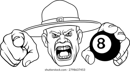 An angry drill instructor or sergeant bootcamp army soldier cartoon character holding billiards pool 8 ball and pointing sports team mascot illustration.