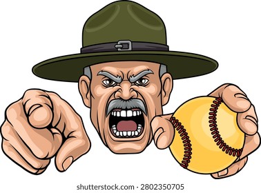 An angry drill instructor or sergeant bootcamp army soldier cartoon character holding softball ball and pointing sports team mascot illustration.