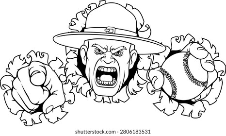 An angry drill instructor or sergeant bootcamp army soldier cartoon character holding baseball or softball ball and pointing sports team mascot illustration.