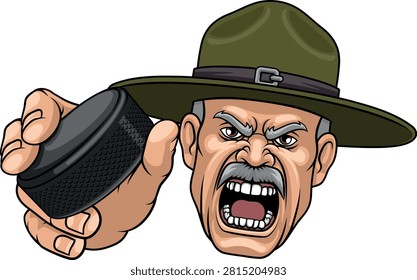 An angry drill instructor or sergeant bootcamp army soldier cartoon character holding hockey puck ice hockey sports team mascot illustration.