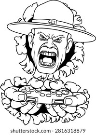 An angry drill instructor or sergeant bootcamp army soldier gamer cartoon character holding controller sports team mascot illustration.