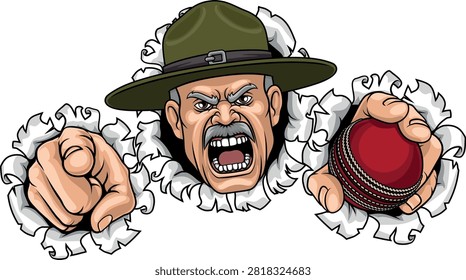 An angry drill instructor or sergeant bootcamp army soldier cartoon character holding cricket ball and pointing sports team mascot illustration.