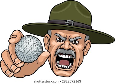 An angry drill instructor or sergeant bootcamp army soldier cartoon character holding golf ball sports team mascot illustration.