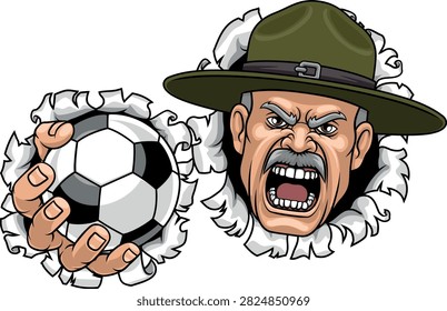 An angry drill instructor or sergeant bootcamp army soldier cartoon character holding soccer football ball sports team mascot illustration.