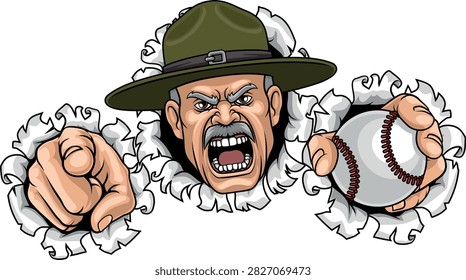 An angry drill instructor or sergeant bootcamp army soldier cartoon character holding baseball ball and pointing sports team mascot illustration.