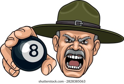 An angry drill instructor or sergeant bootcamp army soldier cartoon character holding billiards pool 8 ball sports team mascot illustration.