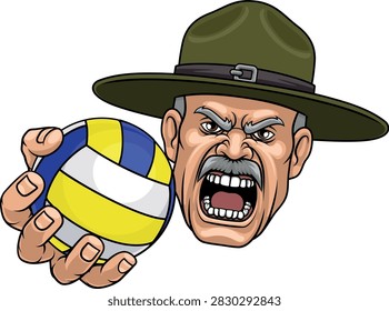 An angry drill instructor or sergeant bootcamp army soldier cartoon character holding volleyball ball sports team mascot illustration.