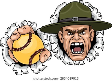 An angry drill instructor or sergeant bootcamp army soldier cartoon character holding softball ball sports team mascot illustration.