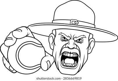An angry drill instructor or sergeant bootcamp army soldier cartoon character holding tennis ball sports team mascot illustration.