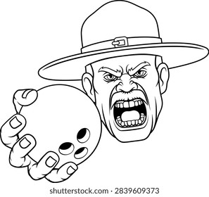 An angry drill instructor or sergeant bootcamp army soldier cartoon character holding bowling ball sports team mascot illustration.
