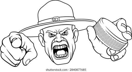 An angry drill instructor or sergeant bootcamp army soldier cartoon character holding hockey puck and pointing ice hockey sports team mascot illustration.