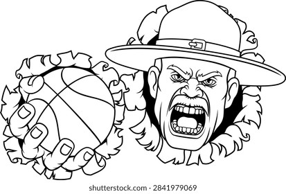 An angry drill instructor or sergeant bootcamp army soldier cartoon character holding basketball ball sports team mascot illustration.
