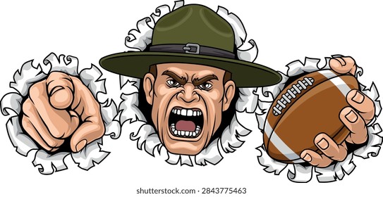 An angry drill instructor or sergeant bootcamp army soldier cartoon character holding American Football ball and pointing sports team mascot illustration.
