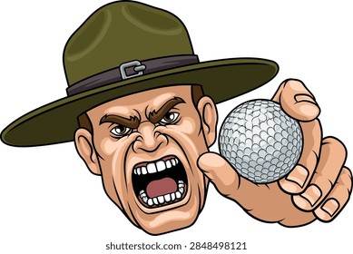 An angry drill instructor or sergeant bootcamp army soldier cartoon character holding golf ball sports team mascot illustration.