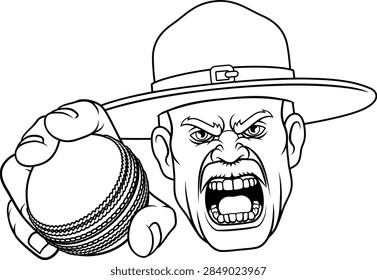 An angry drill instructor or sergeant bootcamp army soldier cartoon character holding cricket ball sports team mascot illustration.