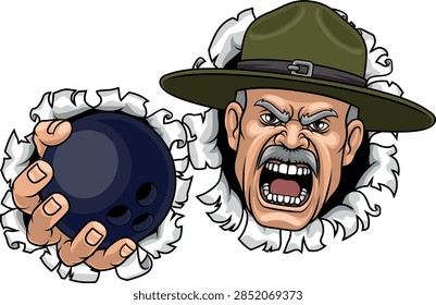 An angry drill instructor or sergeant bootcamp army soldier cartoon character holding bowling ball sports team mascot illustration.