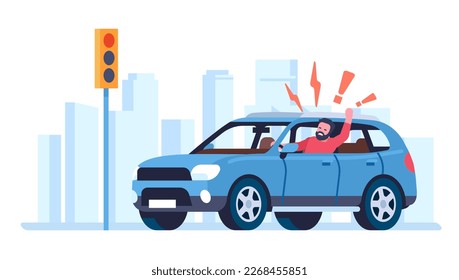 Angry driver behaves aggressively on road in front of stoplight. Man drive automobile. City auto transportation. Traffic lights. Furious yelling man in car. Highway