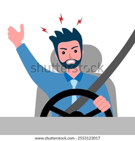 Angry driver in flat design on white background. Road rage concept vector illustration.