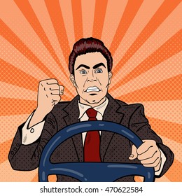 Angry Driver Man Showing His Fist Road Rage. Pop Art Vector Illustration