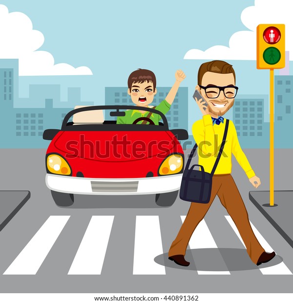 Angry driver in red convertible car yelling to\
distracted man with smartphone while crossing pedestrian with red\
traffic light