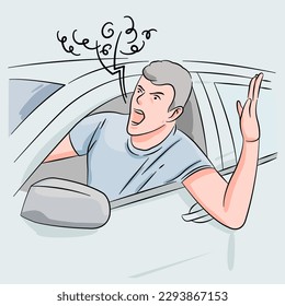 Angry driver stuck in traffic jam gesticulates with hand and screaming. Crazy man yelling from car. Stress, traffic rush hour. Angry aggressive guy driving in auto shouting up through open window