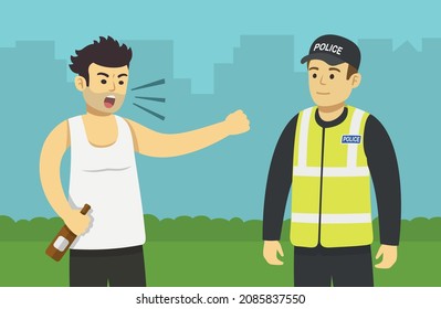 Carácter masculino borracho furioso sostiene una botella en la mano y grita al oficial de policía. Vista de cierre. Plantilla de ilustración vectorial plana.