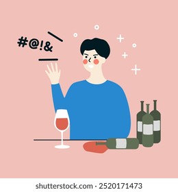 Homem bêbado irritado jurando, tendo conflito com os outros. Alcoolismo, vício em álcool, mau comportamento, estilo de vida negativo. Design vetorial de caracteres planos Ilustrações.