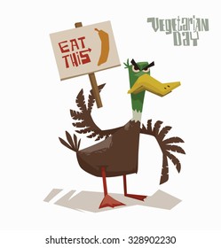 Angry Duck holding poster in support of vegetarianism, vector