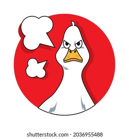 Angry duck on a red circle. Frustrated duck. Frown duck face.
