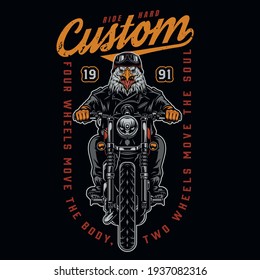 Angry eagle moto rider vintage print with dangerous bird biker riding motorcycle isolated vector illustration