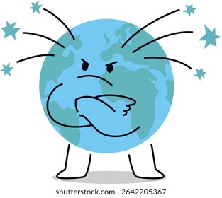 Angry earth cartoon character isolated on transparent background. Cute hand drawn vector illustration for world environment day posters, eco campaigns, and environmental education. Editable stroke.