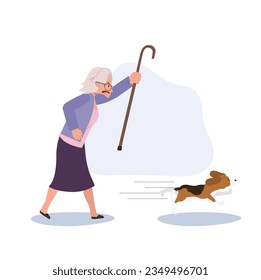 Angry Elderly Woman Determinedly Pursuing Her Energetic Dog. Old Woman Pursuing Her Pet Dog. 